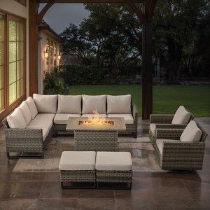POCASSY 8 Piece Outdoor Sectional Patio Furniture Set, All Weather Gray Wicker Outdoor Furniture Set with Swivel Chair and 41" Propane Fire Pit - 1 of 4