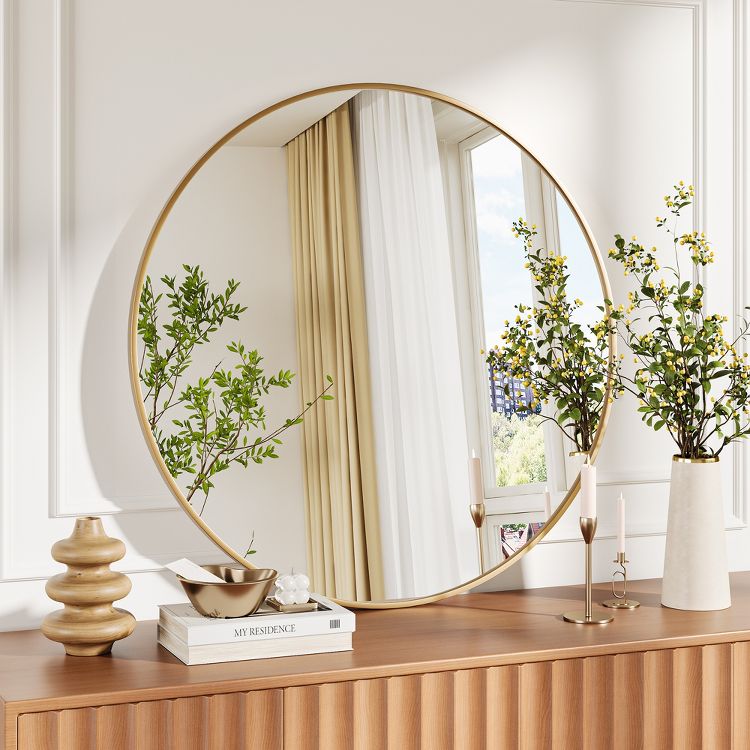 Gold Round Mirror, Large Circle Bathroom Mirror for Over Sink, Gold Metal Frame Round Wall Mirror, Circle Mirrors for Wall