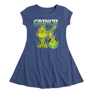 Girls' - The Grinch - Grinch Bootleg Fit & Flair Cap Sleeve Graphic Dress - 1 of 3