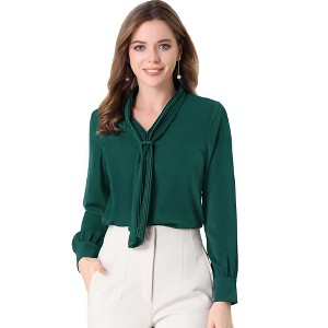 INSPIRE CHIC Women's Long Sleeve Pleated Tie Neck Office Blouses - 1 of 4