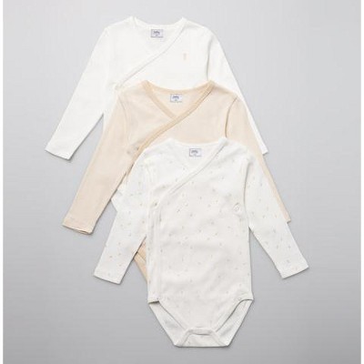 Image of Stellou & Friends Cotton Crossbody Long Sleeve Onesies - 3 pk of Bodysuits for Babies - 9-12 Months / Beige