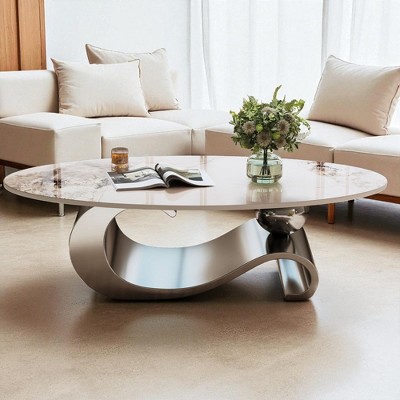 Mshliw 49.2" Oval Faux Marble Coffee Table with Stainless Steel Base, Modern Luxury Center Table for Living Room, Easy-Clean Glossy Finish