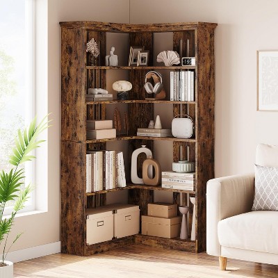 Homhougo 72" L-Shaped Corner Bookshelf, 5-Tier Wood Bookcase with Anti-Tip Design for Living Room, Office, Easy Assembly Rustic Storage Shelf