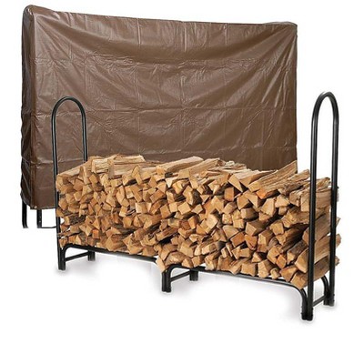 Plow & Hearth - Heavy Duty Steel Firewood Log Rack And Cover Set, 96" L x 13" W x 45" H