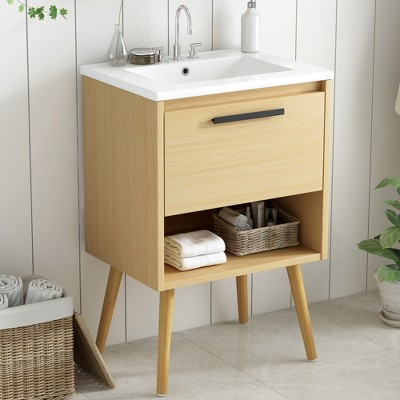 ALEXOUN 24" Small Freestanding Bathroom Vanity with Ceramic Sink and Drawer & Open Shelf,Natural Wood Single Bathroom Sink Cabinet,for Small Spaces