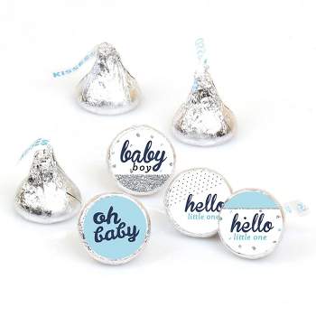 Big Dot of Happiness Hello Little One - Blue & Silver Boy Baby Shower Party Round Candy Sticker Favors - Labels Fits Chocolate Candy (1 sheet of 108)