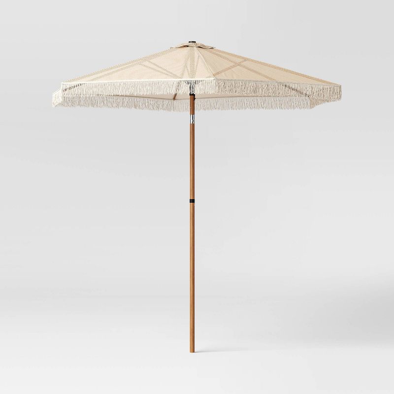 7.5&#39;x7.7&#39; Hexagon Macrame Outdoor Patio Market Umbrella Beige with Faux Wood Pole - Threshold&#8482;, 1 of 8