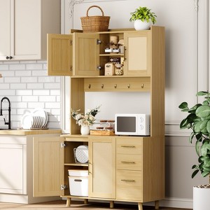 71" Tall Kitchen Pantry Cabinet with Storage, Freestanding Hutch Sideboard Buffet Cabinet with Rattan Door, 3 Drawers - 1 of 4