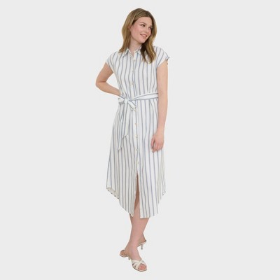 August Sky Women's Stripe Button Down Collared Belted Shirt Dress
