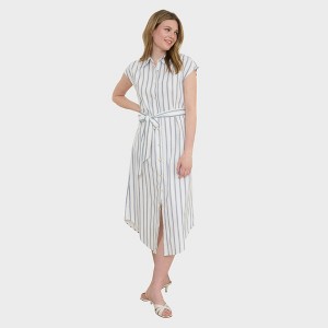 August Sky Women's Stripe Button Down Collared Belted Shirt Dress - 1 of 4