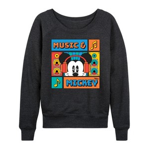 Women's - Disney - Music And Mickey Lightweight French Terry Wide Neck Long Sleeve Graphic Shirt - 1 of 4