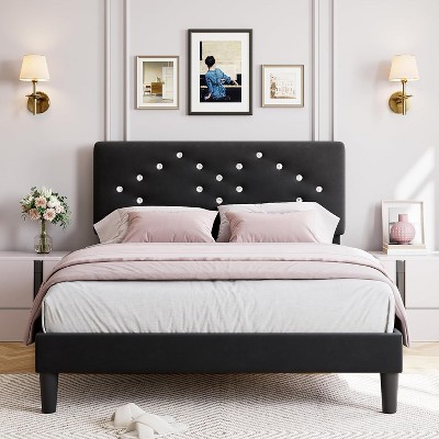 Twin/Full/Queen Size Velvet Upholstered Bed Frame with Tufted Headboard, Wood Slat Support, Noise-Free, Easy Assembly, No Box Spring Needed