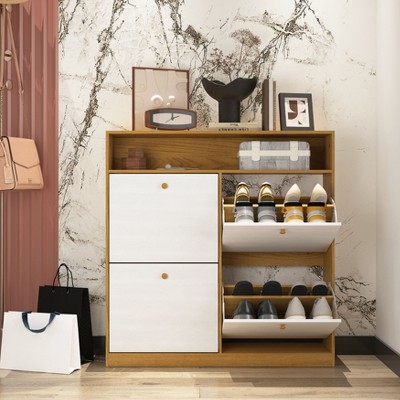 Okak Modern Shoe Cabinet with 4 Flip Drawers & wooden Handles, Freestanding Shoe Organizer Shoe Rack Cabinet with Anti-tip for Entryway, Natural