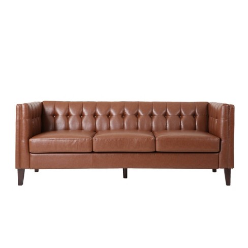 Pondway Contemporary Faux Leather Tufted 3 Seater Sofa Cognac Brown/Brown -  Christopher Knight Home