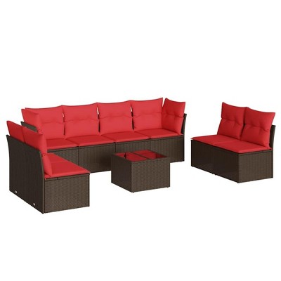 vidaXL 9 Piece Patio Sofa Set with Cushions Poly Rattan - Brown and Red With Table