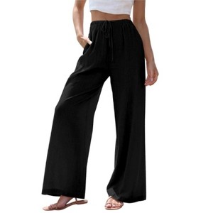 Women's Linen Wide Leg Pants with Drawstring Waist Relaxed Fit Casual Summer Trousers - 1 of 4