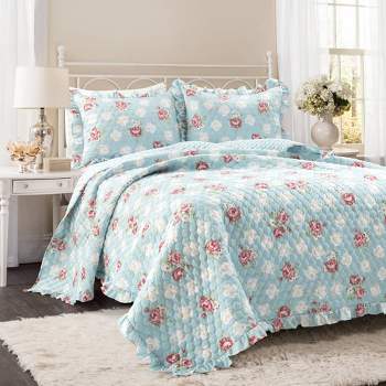 Cottage Floral Ruffle Reversible Oversized Quilt Set Blue/Blush - Lush Décor