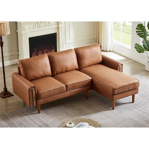 LOVMOR 82.2"L-Shape Sofa Couch with Chais Mid-Century Copper Nail on Arms,strong wooden leg and suede fabric design - 1 of 4