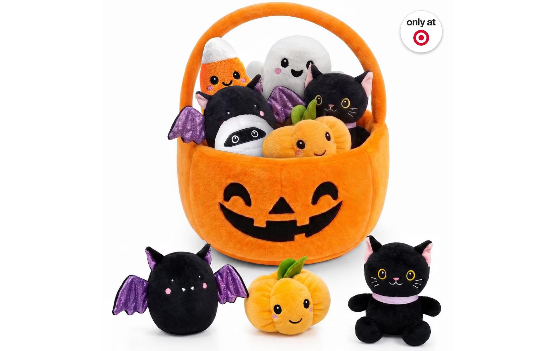 Baby First Halloween Plush Toys Playset, Halloween Stuffed Pumpkin Basket Plush Toy with Cute Stuffed Animals, Perfect Holiday Plushies Gift for Kids