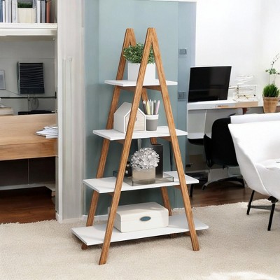 Alilang 31.50 Inch A-Frame Ladder Bookshelf with Four-Tier Wooden Shelves and Dual-Tone Design - White