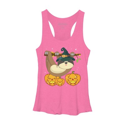 Women's Design By Humans Funny Witch Sloth With Jack O Lantern Halloween T-Shirt By thebeardstudio Racerback Tank Top