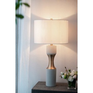 Modern Table Lamp with Drum Shade and Cylindrical Cement Base, Accent Lighting for Living Room or Bedroom – The Pop Home - 1 of 4