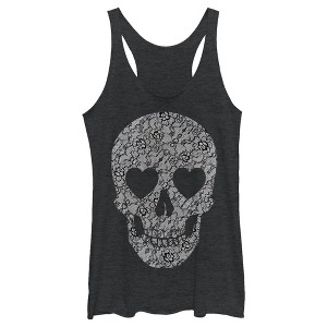 Women's Lost Gods Lace Print Heart Skull Racerback Tank Top - 1 of 4