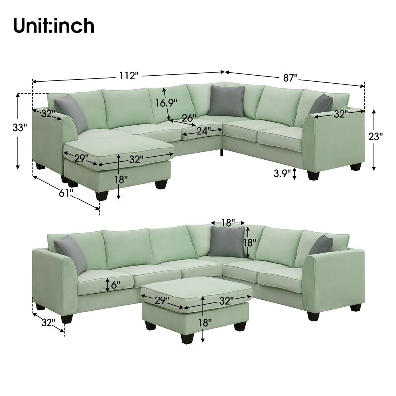 Modular Sectional Sofa 7 Seats with Ottoman L Shape Fabric Sofa Corner Couch Set with 3 Pillows-ModernLuxe, 3 of 14