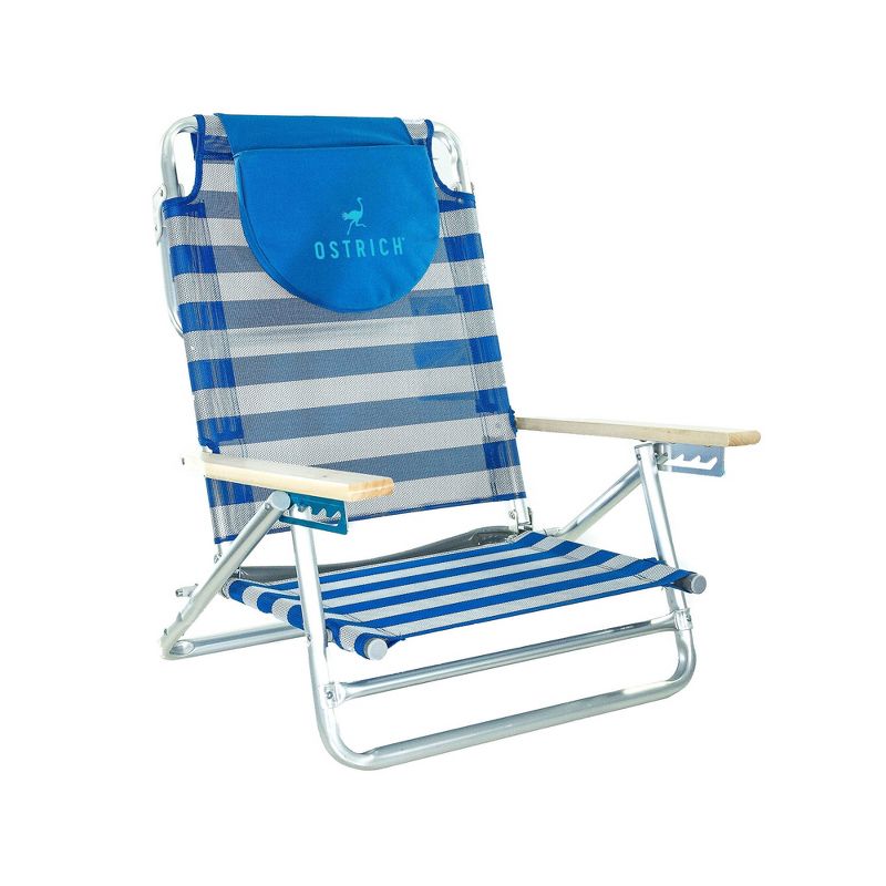 Ostrich South Beach Sand Chair, Beach Reclining Lawn Chair w/Carry Strap, Outdoor Furniture for Pool, Camping, or Backyard, Blue Stripe, 1 of 8