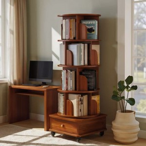Sapphtopaz Rotating Bookshelf with Wheels Wood Bookcase Organization and Storage Round Book Shelf for Living Room - 1 of 4