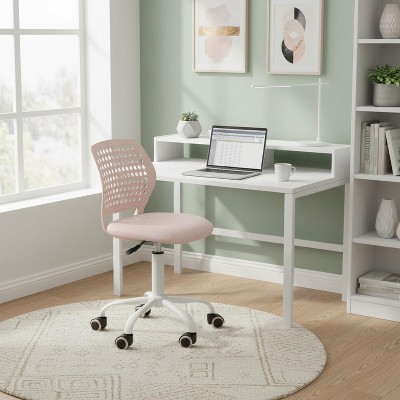 FurnitureR Armless Desk Chair with Rolling Wheels, Compact Adjustable Height Swivel Study Computer Task Chair with Breathable Back, Pink