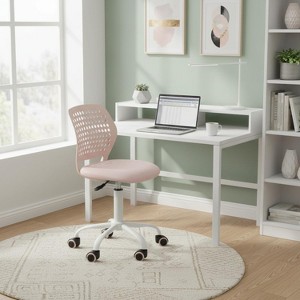 FurnitureR Armless Desk Chair with Rolling Wheels, Compact Adjustable Height Swivel Study Computer Task Chair with Breathable Back, Pink - 1 of 4
