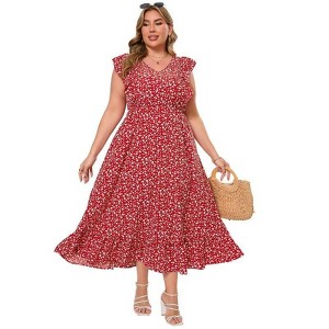 Coolmee Women's Plus Size Summer Boho Dress Ruffle Cap Sleeveless V Neck Long Beach Maxi Dress - 1 of 4
