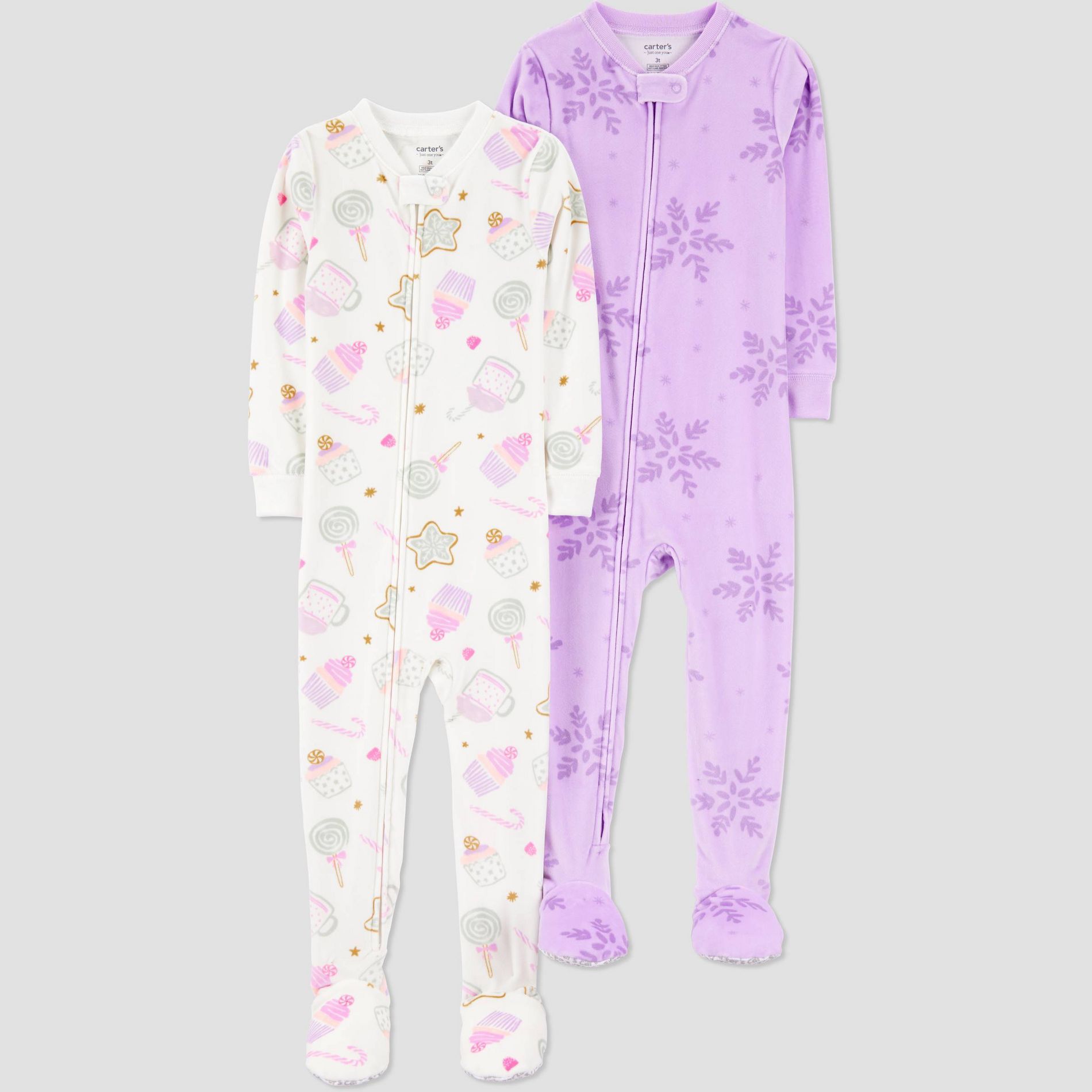 Carter's Just One You® Toddler Girls' 2pk Snug Fit Snowflakes & Candy Long Sleeve Velour Footed Pajama - Purple/White 3T