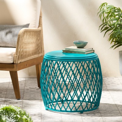 Maggift Patio End Table, Hollow Wrought Iron Patio Coffee Table, Decorative Side Table for Living Room, Patio, Yard, Blue, 19.75" * 19.75" * 17.75"