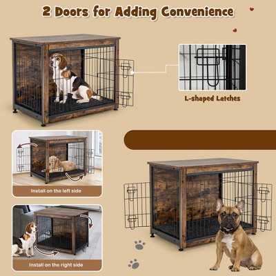 Rustic Brown Wooden Dog Crate End Table with Steel Mesh
