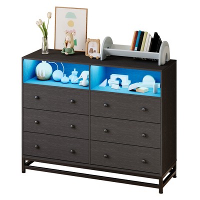 6-Drawer Wooden Dresser with Charging Station and LED Lights, Modern TV Stand Dresser, Wide Chest for Bedroom & Living Room