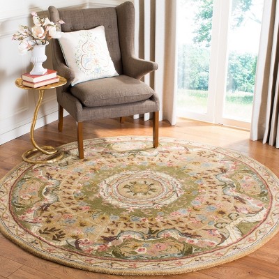 Taupe and Light Green Hand-Tufted Wool Round Rug