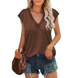 Zeagoo Womens V Neck Tank Top Cap Sleeve Tank Blouse Tee Lace Trim Casual Shirt - 1 of 3