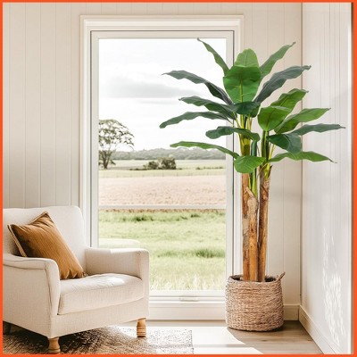Artificial Banana Tree, 5FT Faux Banana Tree with Grey Planter, Artificial Plants with 11 Faux Banana Leaves Plant
