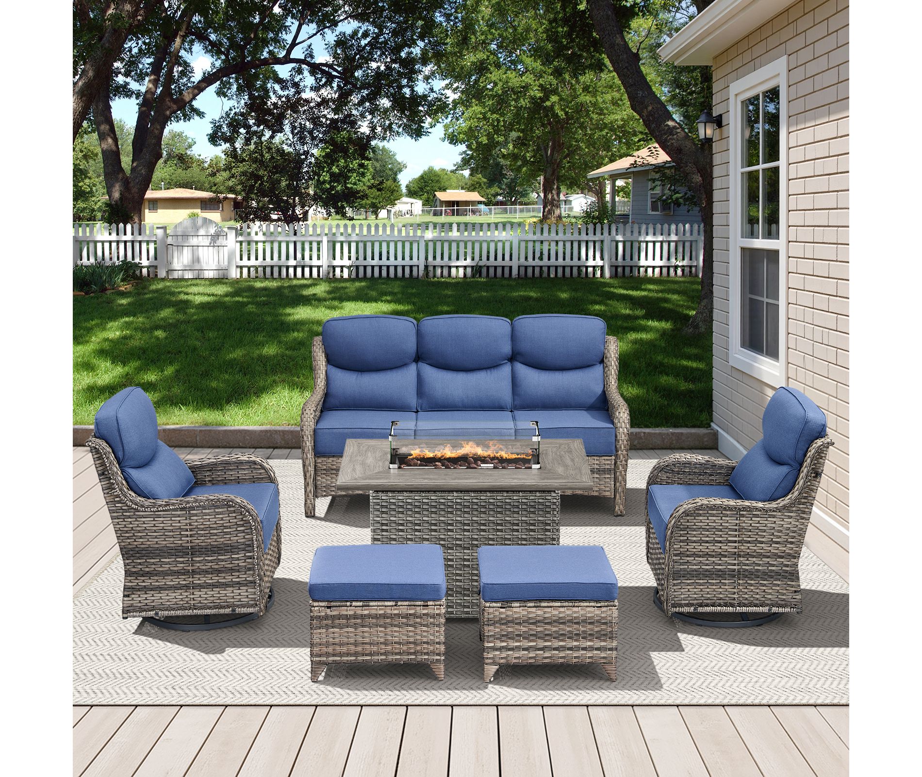 Belord All Weather Wicker Patio Furniture Set 6 Pieces, 6-INCH Extra Thick Cushion Outdoor Patio Firepit Set with Patio Sofa Swivel Chair and Ottoman