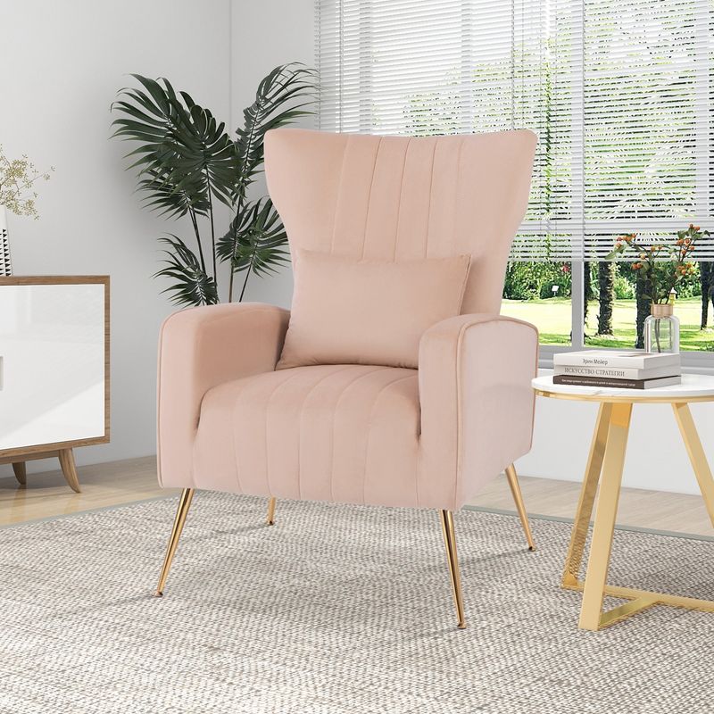 Costway Velvet Upholstered Wingback Chair with Lumbar Pillow & Golden Metal Legs Grey/Pink/Turquoise/White, 2 of 9