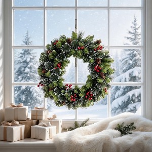 Artificial Christmas Wreath 24 Inch Snow-Dusted with Pinecones & Red ...