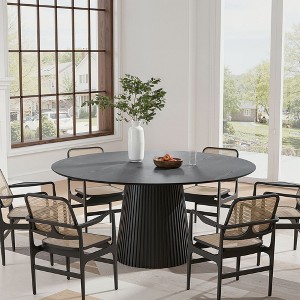 PexFix 60" Round Dining Table for 6 People Modern Pedestal Table with Fluted Cone Base & Wood MDF Top for Small Space Kitchen Dining Room Cafe Black - 1 of 4