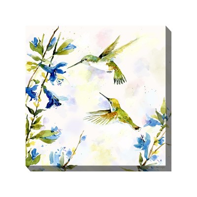 Cottage Garden West of The Wind Hummingbird Duet Blue, Green 24 x 24 Inch Waterproof Gallery Wrapped Canvas, Outdoor Garden, Yard, Patio All Weather