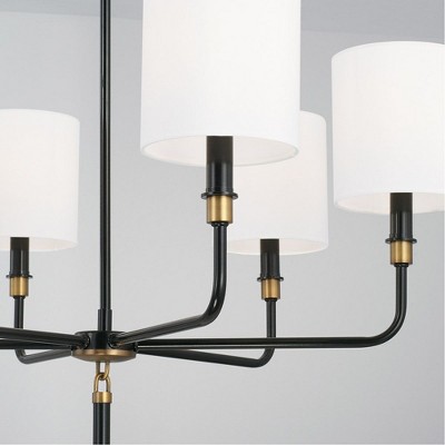 Glossy Black and Aged Brass 6-Light Chandelier with White Shades