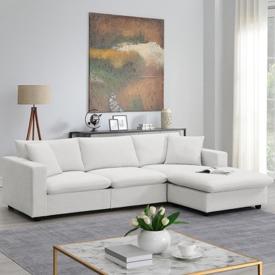 VYNXARIA 101" Cloud L-Shaped Modern Sectional Sofa Set, 4-Seat Polyester Couch with Throw Pillows & Movable Ottoman£¬White
