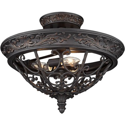 Franklin Iron Works Rustic Ceiling Light Semi Flush Mount Fixture Rubbed Bronze Scrollwork 16 1/2" Wide for Bedroom Living Room