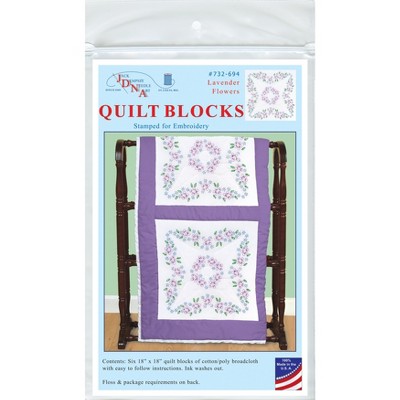 Jack Dempsey Stamped White Quilt Blocks 18"X18" 6/Pkg-Lavender Flowers