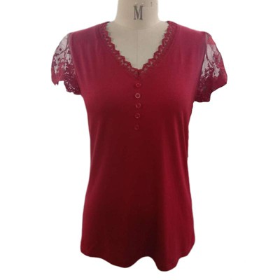 Coolmee Women Short Sleeve Lace V Neck Shirts Ribbed Knit Fitted Basic Tee Tops Business Dressy Casual Summer Blouses T-Shirt